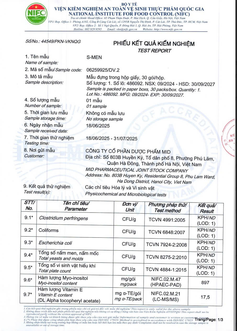 Phiếu kết quả kiểm nghiệm